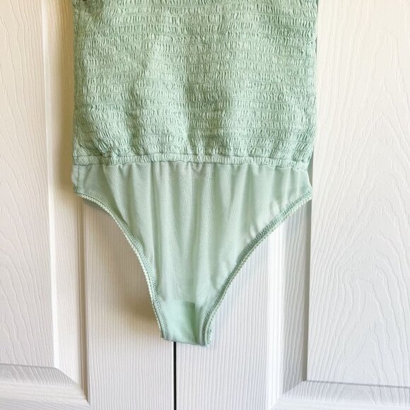 Free People Bardot Clear Sea Green Tie Shoulder Bodysuit Women's Size X-Small XS - Picture 9 of 10